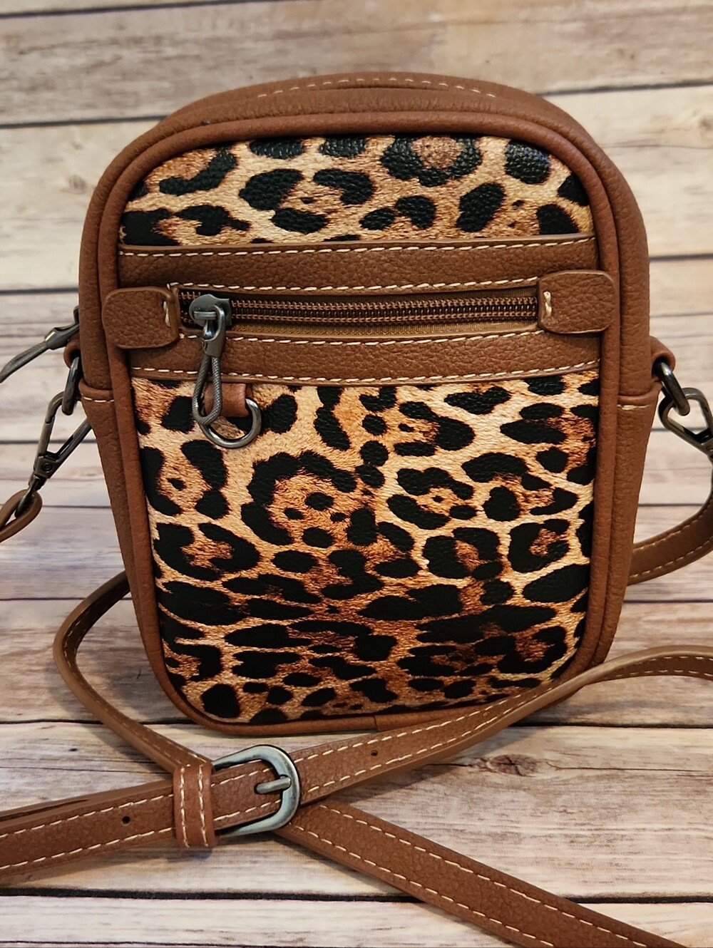 American Bling Leopard Print Front Brown Crossbody Bag